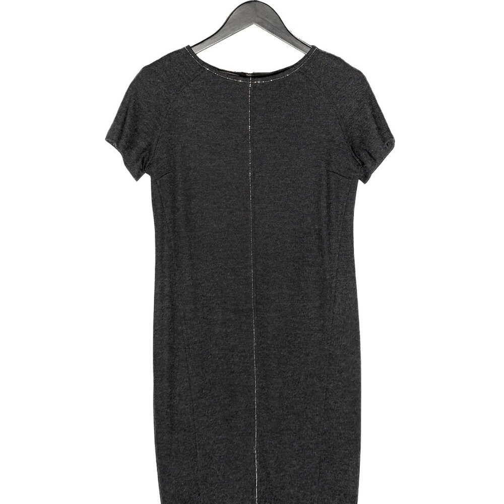 Brunello Cucinelli Charcoal Wool Monili Accent Short Sleeves Dress